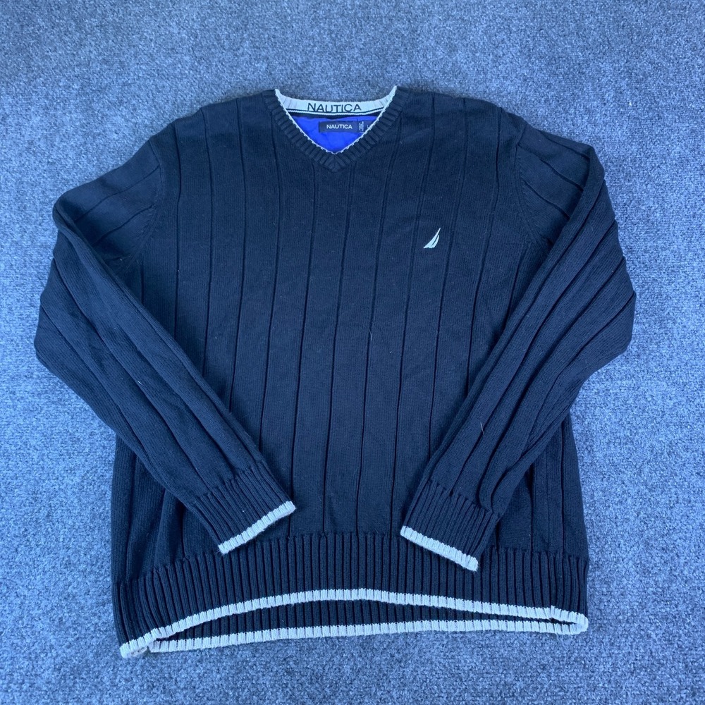 Nautica Sweater Mens Large Black Good V-Neck Ribbed Knit Cotton Pullover Logo